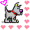 Pixel art icon of a multicolored dog with a red collar surrounded by pink and purple hearts on a transparent background.