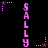 Vertical pink text "SALLY" on black background with animated star and dot patterns changing across frames.
