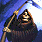 Pixelated figure in dark hooded cloak holding scythe against blue and white background with green text on right.