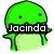 Green pixelated character with two black dot eyes and a black banner reading 'Jocinda' across the middle, light green lower body, and green appendages on sides.