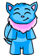 Blue cartoon cat with pink scarf in nine distinct poses on gray background.