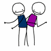 Two stick figures in blue and purple embrace, with red text overlays changing across frames.