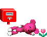 Pink teddy bear in various poses with red mailbox and pink flower, animated sequence showing movement transitions.