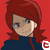 Pixelated character with red hair and blue eyes in two poses against red background, wearing dark blue top with red accents.