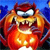 Pixelated cartoon character with red head, glowing orange-yellow body, and white eyes against blue background