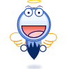 Animated blue circular character with orange wings, halo, and dark blue tail; mouth opens wide in a smile across frames.