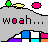 Pixelated animation of a gray hill with colorful shapes and 'woah...' text, cycling through color variations in the top and bottom sections.