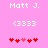 Pixelated pink background with white text "Matt J." and "(3333)" above red heart symbols, showing animation changes in heart positions.