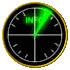Circular black dial with gold border and white tick marks, displaying green 'INFO' text at top and bottom while a bright green arrow rotates clockwise through multiple positions.