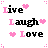 pixelated text icons featuring 'Live', 'Laugh', and 'Love' with heart symbols, alternating between black and pink colors across multiple