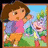 Pixelated cartoon image of a girl with brown hair in pink shirt and orange shorts standing next to an animated purple dog on green grass under blue sky, right side has text 'BEST <33 FRIENDS' on light pink background.