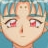 Pixelated anime-style face with light skin, red eyes, and brown hair against a blue background.