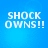 Four identical blue square each display white pixelated text reading "SHOCK OWNS!!" in a bold, blocky font