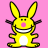 Pixelated yellow bunny mascot with pink nose, wide grin showing teeth, and outstretched arms on solid pink background.