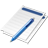 Static pixel art of a white notepad with two blue pens on a gray background, rendered in low-resolution style.