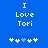 Blue background with white pixelated text "I Love Tori" and five star-like symbols below, where the third symbol changes from light blue to white between frames.