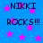 Blue background with pink stars and repeated text "NIKKI ROCKS!!!" in dark blue pixelated font.