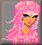 Pixelated image of a figure with long pink hair, orange skin tone, and black eyeliner against a gray checkered background.