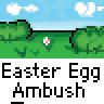 Animated contact sheet showing 18 frames of a pixel art Easter egg ambush animation with stick figures and repeated text.