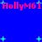 Blue background with red text 'HollyM61' repeated twice, scattered cyan plus signs and small dots, static image with no visible motion changes.