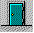 Pixelated animation of a teal door with blue trim opening to reveal a cyan arrow pointing right, set against a gray checkered background.