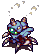 Pixel art creature with blue and purple body, green eyes, multiple limbs, floating above dark base with light particles rising from top.