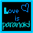Animated contact sheet of seven 48x48 pixel AIM buddy icons showing sequential heart animation frames with "Love is paranoid" text on black background.