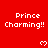 Red background with repeated white text "Prince Charming!!" and pixelated heart symbols in a