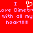 Red background with pink pixelated text and a white heart symbol, repeating 'I love Dimetruove Dimetr' followed by 'with all my heart!!!!'