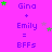 A bright pink background displays repeated text 'Gina + Emily = BFFs' with scattered green and purple stars, animated to shift positions.