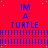 Red background with blue text 'IM A TURTLE' repeated in a , green dots scattered across the image
