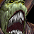 Pixelated close-up of a creature's face with open mouth showing teeth and blood, greenish skin tones, yellow eyes, dark background.