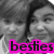 A grayscale image of two people in close proximity with a pink 'besties' text overlay and purple ':]' emoticon.