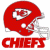 Red football helmet with white 'C' logo and silver facemask on left; green text 'Original Icons .com' on right, all pixelated.