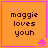 Orange square with pink border containing text 'maggie loves youh' and a small pink pixelated alien in the bottom-right corner.
