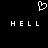 Black background with white pixelated heart symbol above two instances of the word 'HELL' in blocky capital letters.