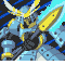 Pixelated mecha with blue armor and yellow accents holds two swords, background shifts from blue to green to orange to purple stripes.