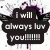 Animated icon with purple splatter, black wings, and a heart containing an X symbol; text reads "I will always luv you!!!!!" in white on dark brown.