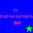 Pixelated image with blue and green background sections, pink text reading 'im' and 'me', and two star-shaped figures in green and blue.