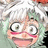 Pixelated anime-style character with light green hair and glasses, wide eyes, and a broad smile on a black background with red text.