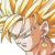 Pixelated anime-style character with spiky golden hair and closed eyes, wearing a white top with brown straps.