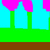 Pixelated animation of pink flower-like shapes on green stems against cyan background, with brown horizontal band and gray area.