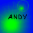 Four- of blue-green gradient backgrounds with the text ANDY in black pixelated font, each showing distinct green light patterns and circular outlines