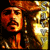 Pixelated image of a character with orange-brown tones, wearing a hat and holding a sword-like object against a dark background.