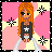 Pixel art of a character with long orange hair, green eyes, and a black jacket with a white star, standing against a pink and yellow background with black starbursts.