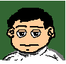 Pixelated character with changing hair color and style across frames, set against solid green background.