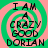 Four identical display text "I AM A CRAZY GOOD DORIAN" over a green and pink spiral background with pixelated lettering