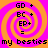 Four identical with orange and pink spiral backgrounds, each containing text elements GD + BC + EP+ = my besties in black pixelated font