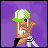 Pixelated character with green and white checkered cap, light brown hair, black boots, white pants with black stripes against purple background.