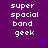 Pixelated text 'super spacial band geek' on purple background with star symbols, two variations of star color and position.